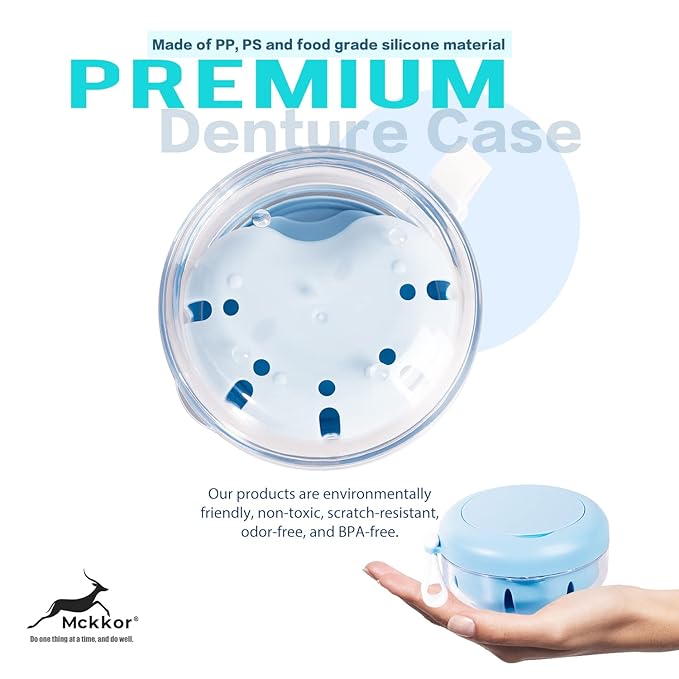 Retainer Case, Retainer Cleaner Case, Definitely No-Leak Denture Case Denture Bath Box for Traveling Perfectly, Denture Cup with Strainer & Mirror(Blue)