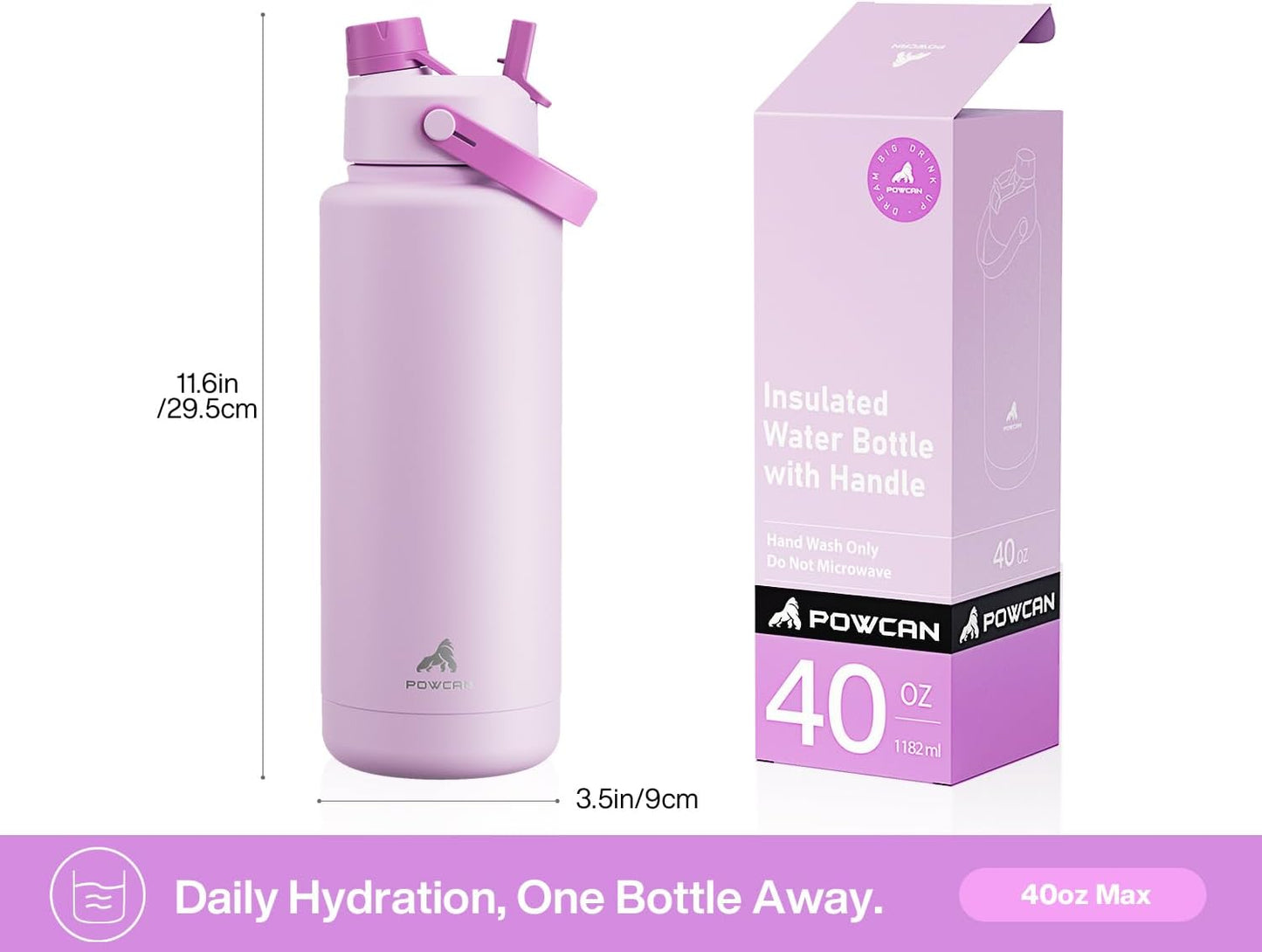 40 oz Insulated Water Bottle with 2-in-1 Straw and Spout Lid, Keep Cold 24H, Leak-Proof, BPA-Free, Double Wall Stainless Steel Water Bottle for Sports, Gym, Travel, and School (Misty Lilac)