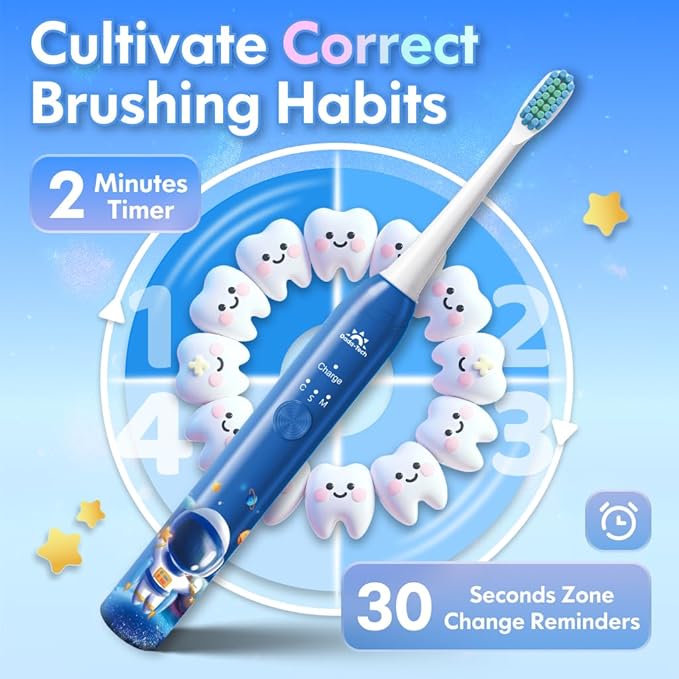 Electric Toothbrush Kids Age 3-5-7-8-12 Year Old, Childrens Electric Toothbrush Rechargeable with Timer 3 Modes 4 Vibrating Heads Habit Stickers 31000VPM Boys Electric Tooth brush (Astronaut Blue)