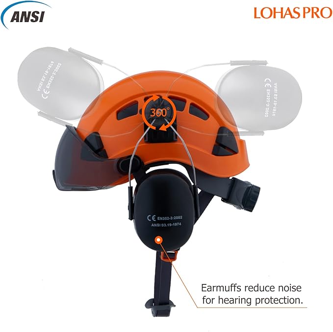 LOHASPRO Arborist Forestry Helmet Safety Hard Hat with Visor and Ear Muffs for Tree Service Logging Cutting Wood Chainsaw Helmet Garden Work Mowing(P91 Orange+Smoked Visor+Earmuff)
