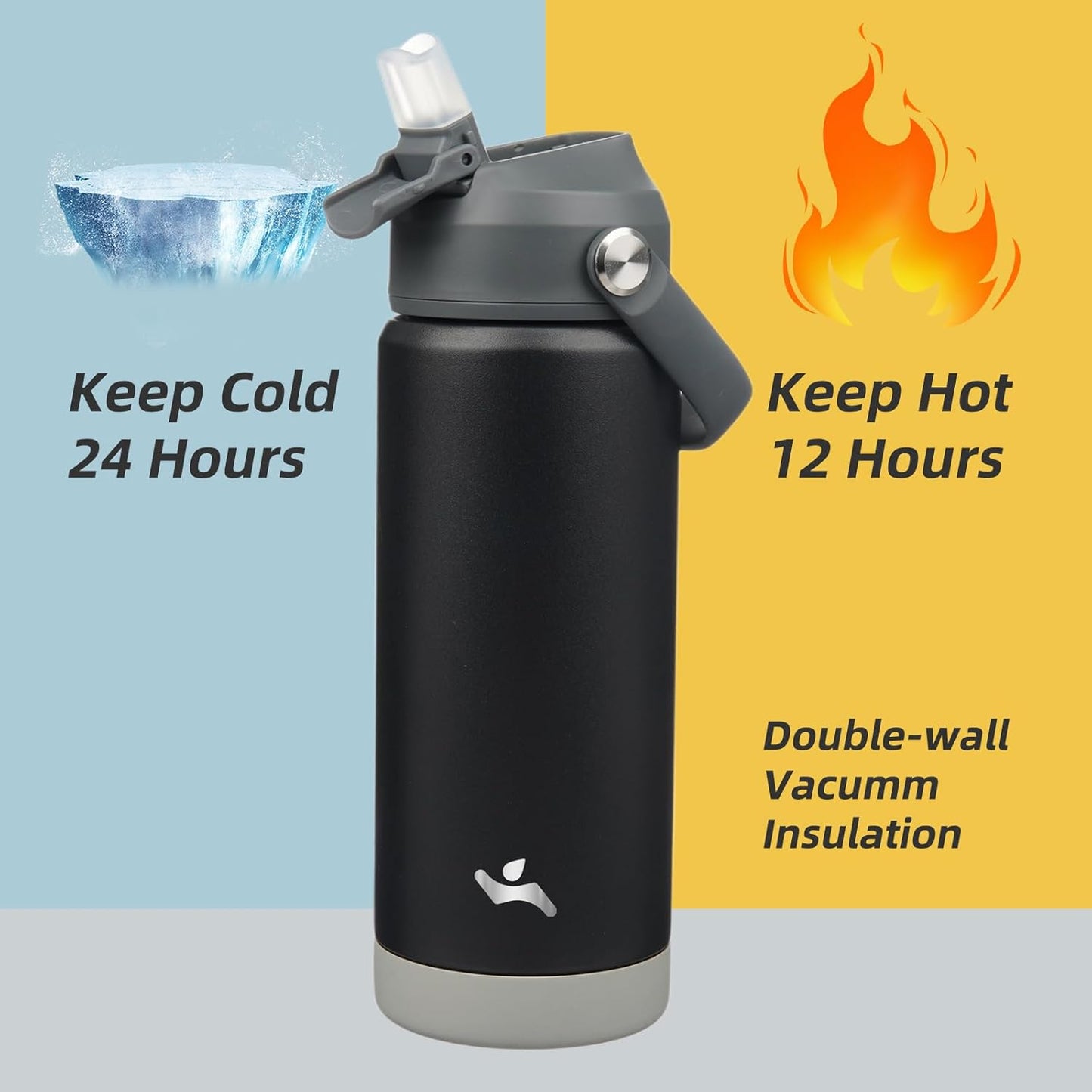 Insulated Water Bottle with Straw Lid,18 oz Stainless Steel Vacuum Metal Bottle with Silicone Handle,Black