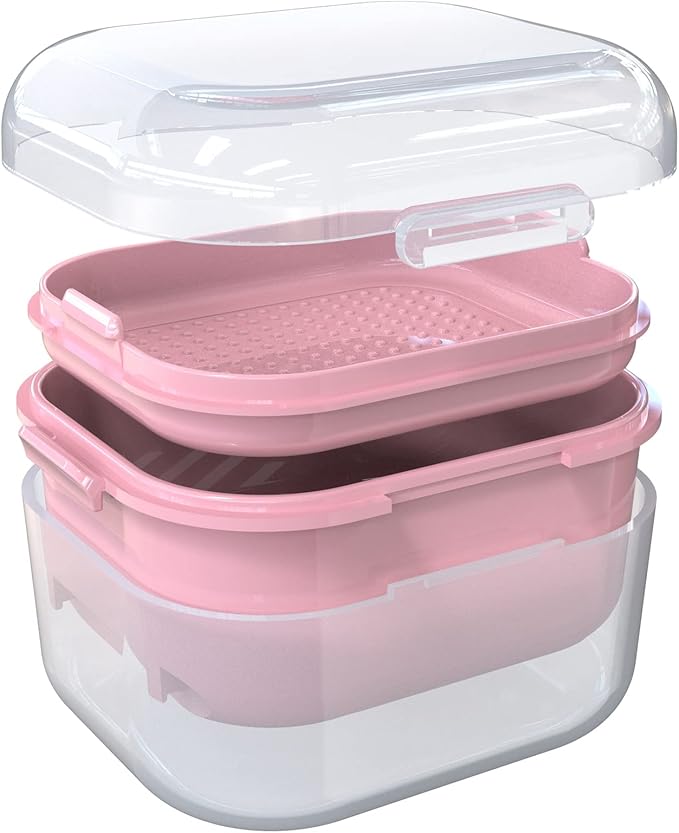 ARGOMAX Denture Case, Denture Cup for Soaking Dentures(Not Leak-Proof), Thorough Cleaning of Dentures, Retainer, Mouthguards, Clear Braces (Dark Pink).