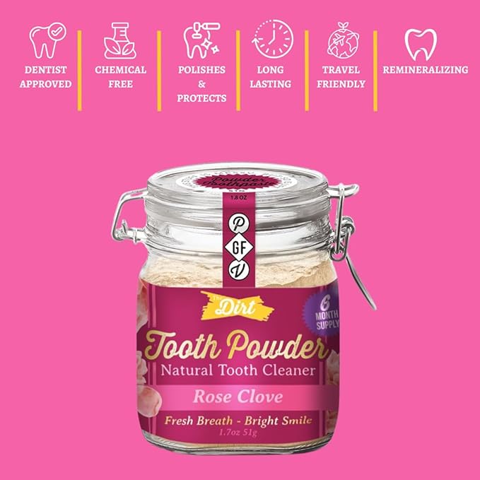 The Dirt - Remineralizing Tooth Powder, Natural Fluoride-Free Teeth Whitening Powder with Hydroxyapatite, Flouride & Gluten Free, Organic Vegan (Rose Clove, 51g: 6 Month Supply)