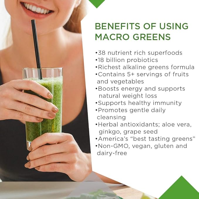 MacroLife Naturals Macro Greens Powder 38 Superfood Probiotic Antioxidant Enzyme & Herbal Supplement Immunity Energy Cleanse - Non-GMO Vegan Gluten-Free Dairy-Free - 30oz (90 Servings)