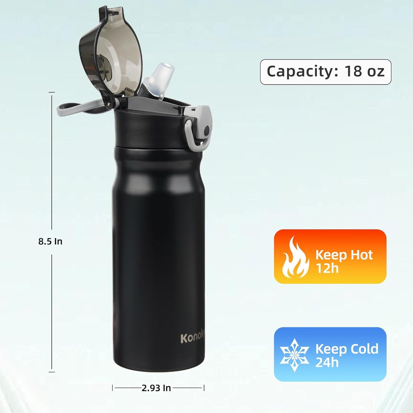 Insulated Water Bottle with Straw and Carry Loop,18 oz Stainless Steel Double Wall Vaccum Metal Water Flask with Leak-proof Lid,Black