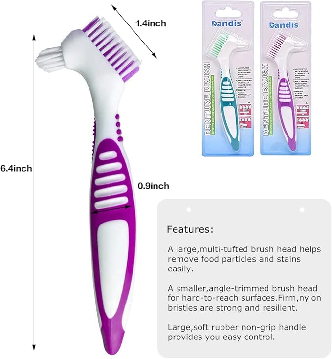 Premium Hygiene Denture Cleaning Brush Set, Multi-Layered Bristles & Ergonomic Rubber Handle, for Denture Care(Purple & Green)