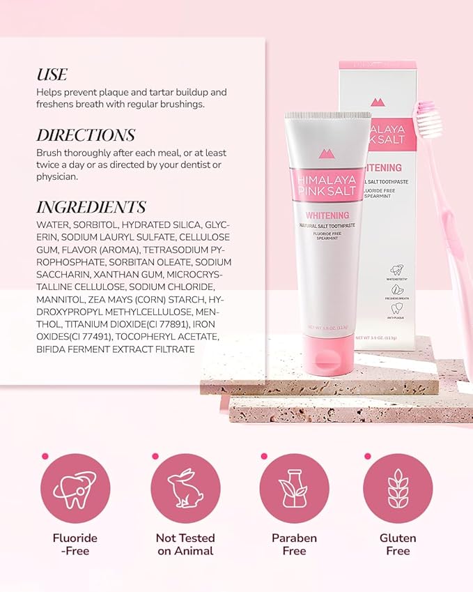 HIMALAYA PINKSALT Natural Whitening Toothpaste - Fluoride Free, Natural Toothpaste for Teeth Whitening, Gum Health Care, Plaque Remover - Spearmint Flavor, 3.9 oz (4 Packs)