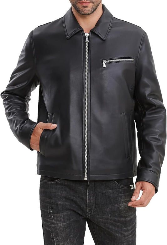 Leather Jacket Men,Lambskin Jacket with Full Zip Front,Casual Style,Tailored Design,Metal Snap Cuffs