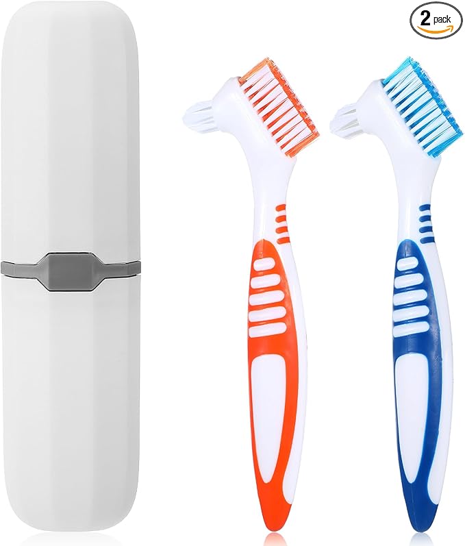 2Pcs Denture Brush, Denture Cleaning Brush Set with White Carrying Case Denture Toothbrushes with Multi-Layered Soft Bristles and Rubber Anti-Slip Handle (Blue + Orange)