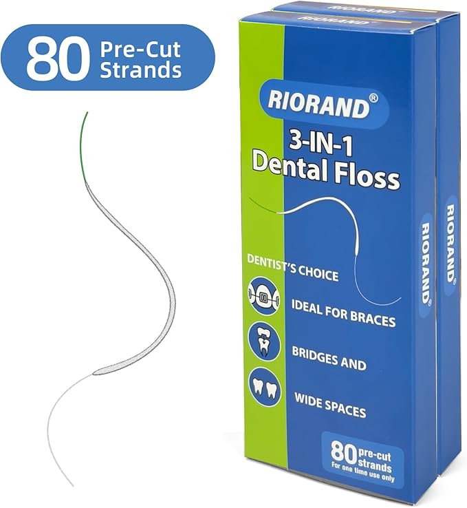 RioRand 3-in-1 Dental Floss for Braces - 80 Pre-Cut Strands with Floss Threaders | Orthodontic Floss for Effective Cleaning (Pack of 3)