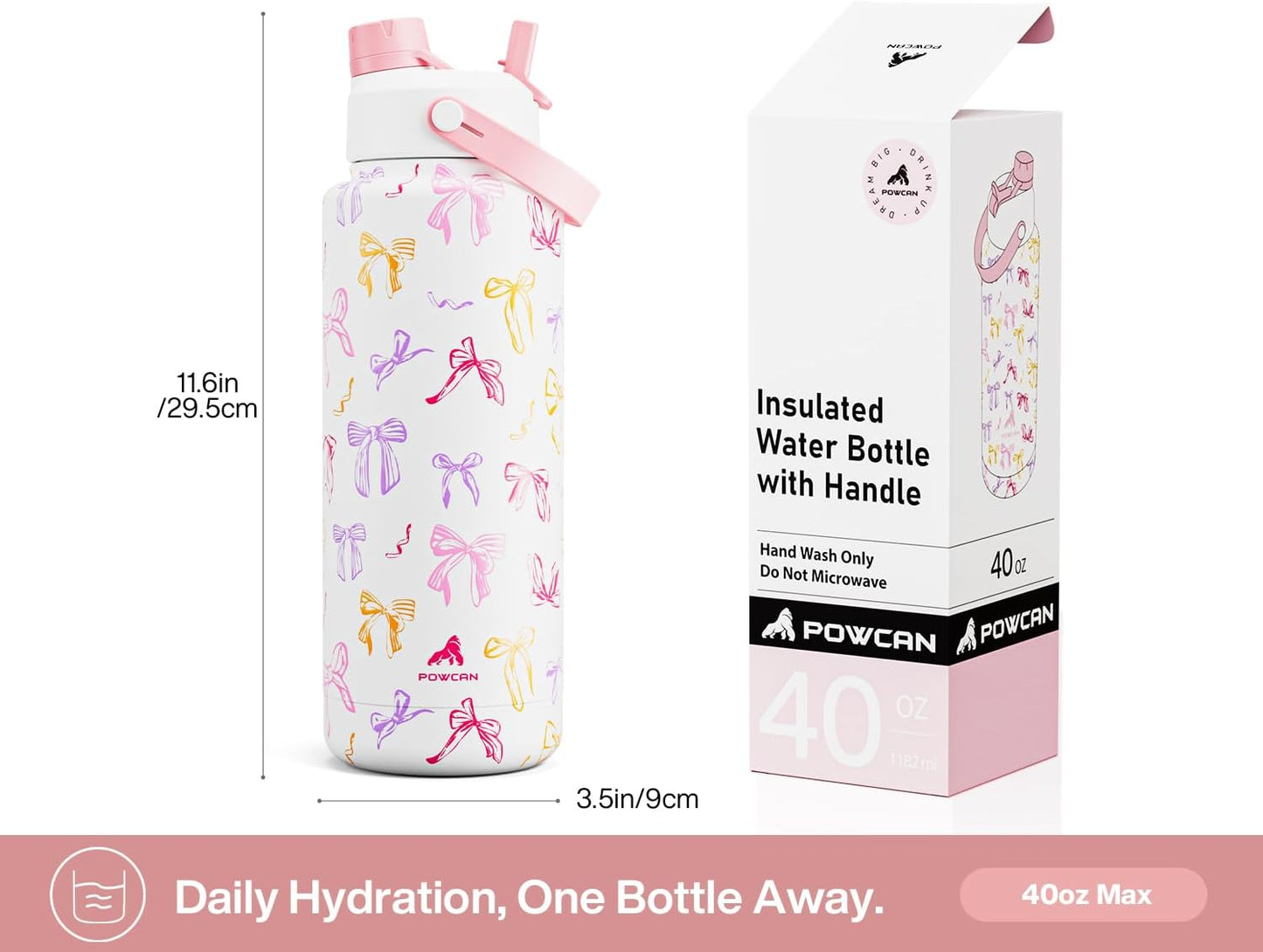 40 oz Insulated Water Bottle with 2-in-1 Straw and Spout Lid, Keep Cold 24H, Leak-Proof, BPA-Free, Double Wall Stainless Steel Water Bottle for Sports, Gym, Travel, and School (Ribbon Whimsy)