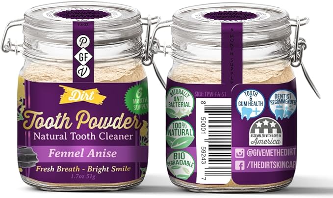 The Dirt - Remineralizing Tooth Powder, Natural Fluoride-Free Teeth Whitening Powder with Hydroxyapatite, Flouride & Gluten Free, Organic Vegan (Fennel Anise, 51g: 6 Month Supply)