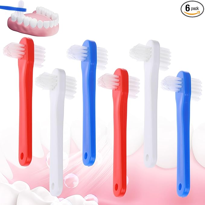 6 Pack Portable Denture Brush, Dual Headed Firm Hard Bristle Denture Toothbrush, Dentures Brushes for Cleaning Dentures, False Teeth, Clear Braces and Mouth Guards