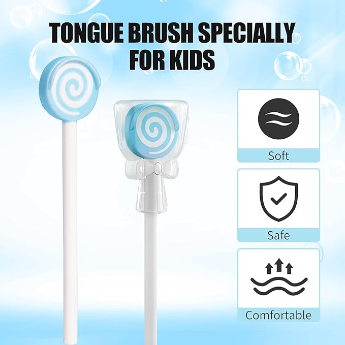 Y-Kelin Kids Tongue Scraper or Cleaner Set-Tongue Cleaner Tongue Brush with Smiley Cover, Multi-color Lollipop Shape Soft Silicone Tongue Brush for Kids, Reduce Bad Breath (4 PACK)