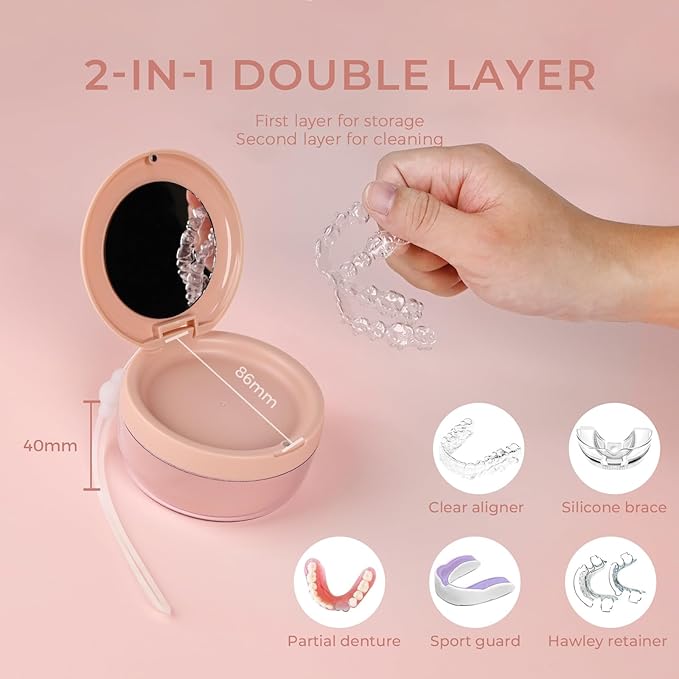Denture Case, Leak Proof Denture Bath Cup, Denture Soaking Container Cups for Dentures, Retainers, Mouth Guard Storage Case, Full & Partial Denture Cleaning Holder Box with Strainer, Pink