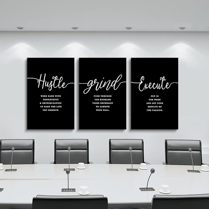 Hustle Grand Slogan Poster,Gift for Boss, Present for Father, Framed Canvas Wall Art Success Quote, Office Wall Art, Black Large Poster, Inspirational Print (F-3pcs,16x24inchx3pcs)