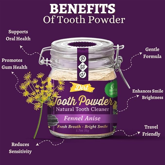 The Dirt - Remineralizing Tooth Powder, Natural Fluoride-Free Teeth Whitening Powder with Hydroxyapatite, Flouride & Gluten Free, Organic Vegan (Fennel Anise, 51g: 6 Month Supply)