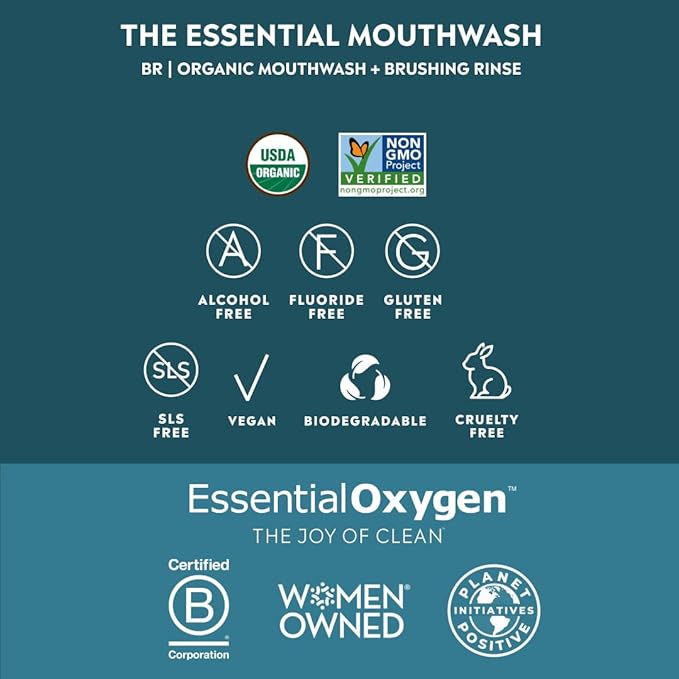 Essential Oxygen BR Certified Organic Brushing Rinse, All Natural Mouthwash for Whiter Teeth, Fresher Breath, and Happier Gums, Alcohol-Free Oral Care, Wintergreen, 2 Piece Set, 16 Oz