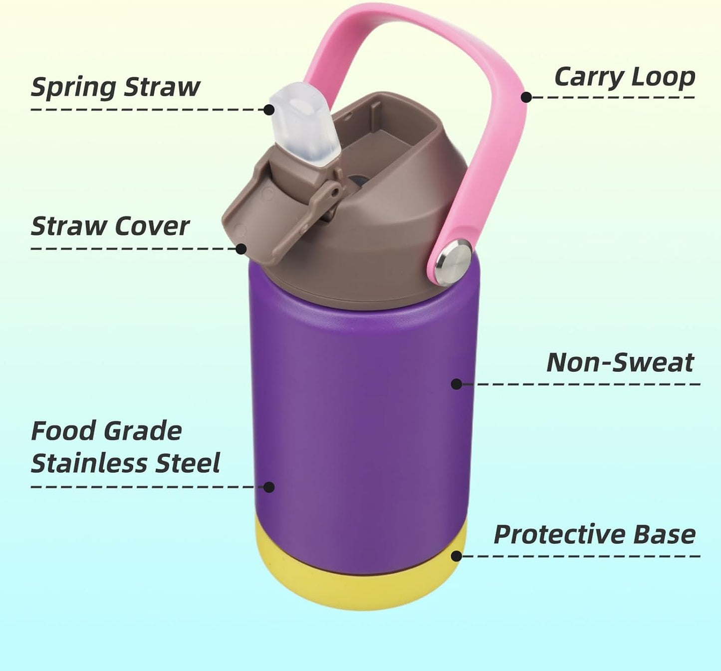 Insulated Water Bottle with Straw Lid,12 oz Stainless Steel Vacuum Metal Bottle with Silicone Handle,Violets