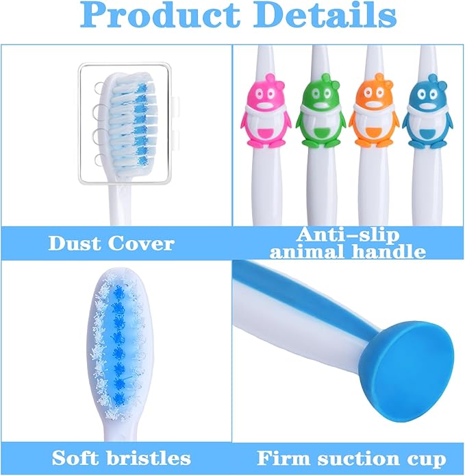100 Pack Kids Toothbrush Soft Bristles Toddler Cute Toothbrush Bulk with Suction Cup, Includes Travel Covers, Individually Wrapped Toothbrushes for Kid Home School Daycare Camp (Penguin)