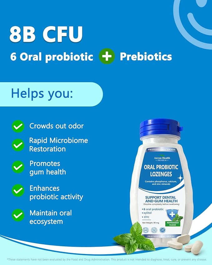 Oral Probiotics Lozenges for Mouth Bad Breath & Gum Repair - Mineral Fusion with Zinc + Calcium for Dry Mouth Relief, Enamel Shield, Mint Flavor with Xylitol - 180 Lozenges, Sugar-free