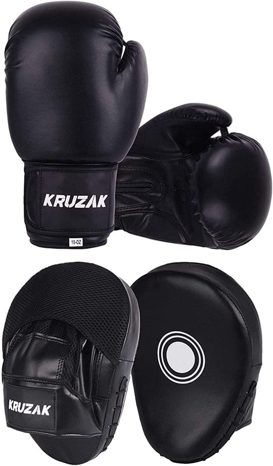 Kruzak Plain Kids Focus Mitts and Boxing Gloves Set for Kickboxing and Muay Thai MMA Training - Unisex Kit with Punching Pads for Martial Arts and Karate