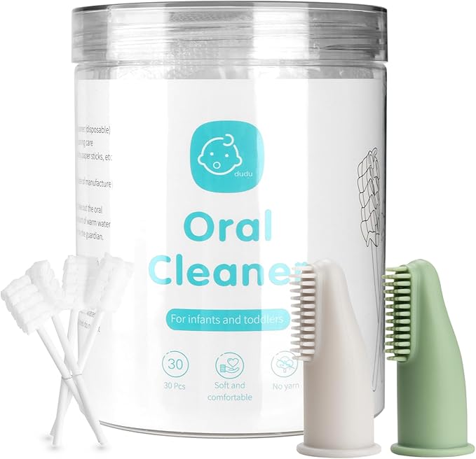 Baby Tongue Cleaner Toothbrush 30Pcs Disposable Infant Tooth Brush Clean Baby Mouth with 2Pcs Finger Toothbrush Oral Cleaning Stick Gauze Cleaner Stick Dental (Green, 32 Piece Assortment)