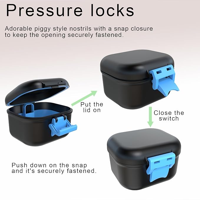 BVN Leak-Proof Denture Case, Denture Cup for Soaking Dentures, Retainer Cleaning Case Black and Bule Dent