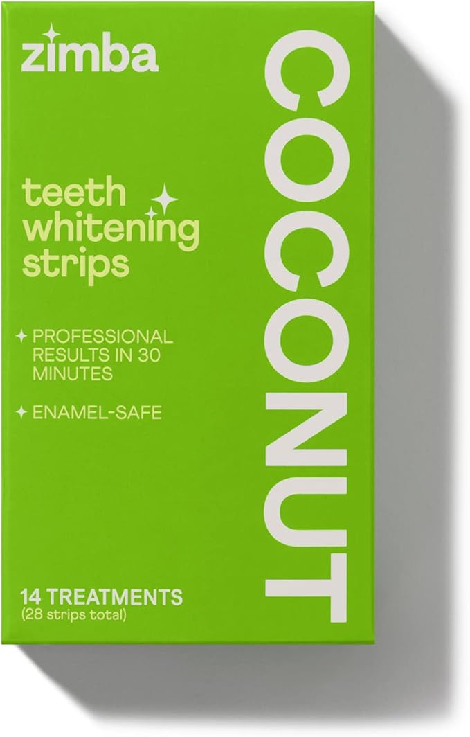 Zimba Coconut Flavored Teeth Whitening Strips | Vegan, Enamel Safe Hydrogen Peroxide Teeth Whitener for Coffee, Wine, Tobacco, and Other Stains | 14 Day Treatment | Coconut