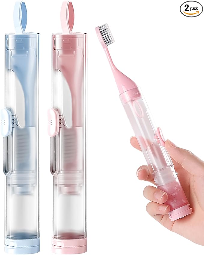 2 Pcs Travel Toothbrush Kit Fold Built-in Toothbrushes Set, Soft Bristles for Travel Camping School Business Trip Essential (Blue, Pink)