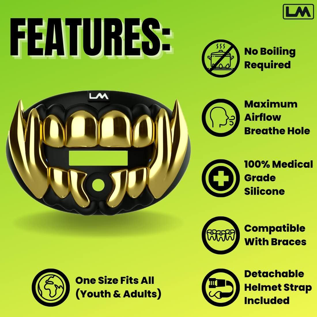 Loudmouth Football Mouth Guard - 3D Chrome Beast Football Mouthpiece, Fits Adult & Youth Ages 5+, Accessories Mouth Guard (3D Beast - Chrome Black/Gold)
