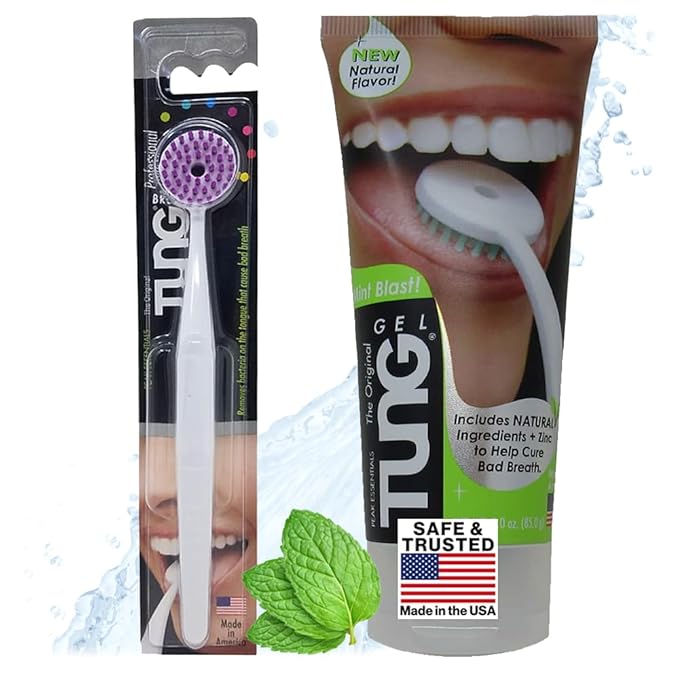 TUNG Tongue Cleaning Kit, TUNG Brush and Natural Mint Blast Gel, Bad Breath Odor Eliminator, Halitosis Defense, USA Made (Set of 1)