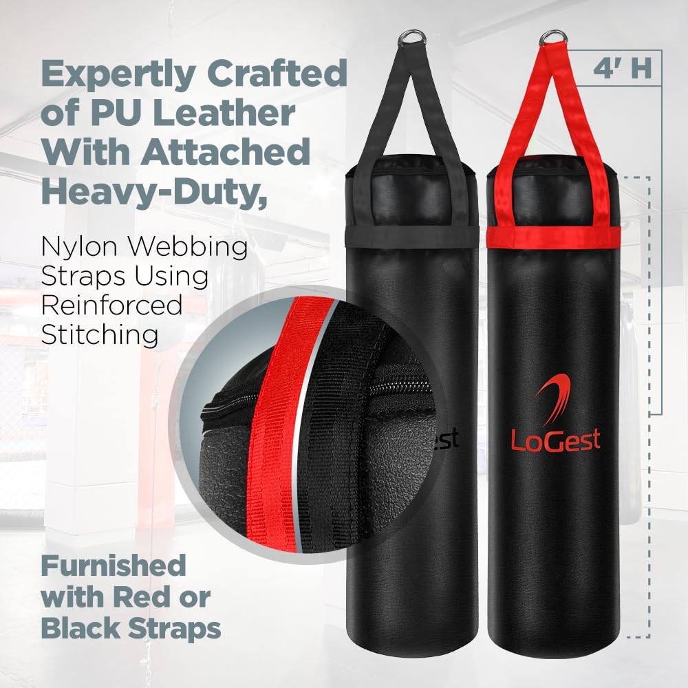 LoGest Boxing Bag - Hanging Punching Bag Sports Training Equipment - MMA, Karate, Judo, Muay Thai, Kickboxing - Hanging or Freestanding - Unfilled Max Capacity 100 Lbs - Heavy Punching Bag