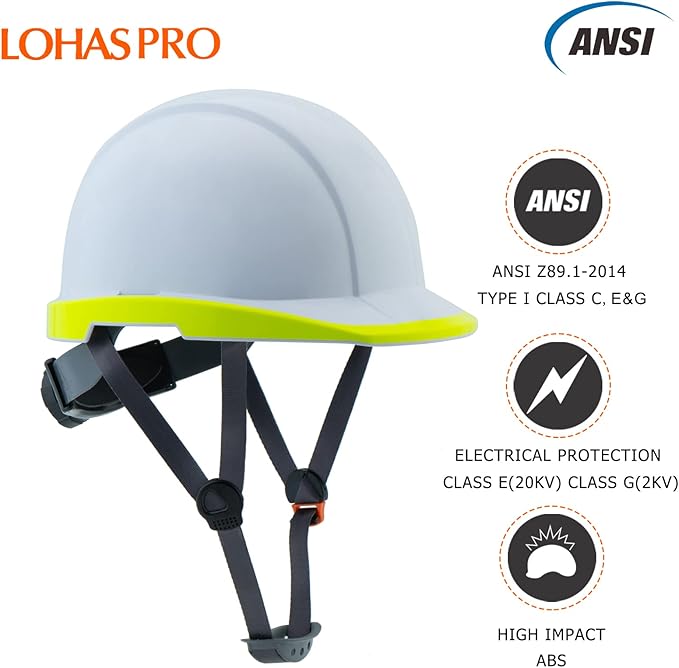 LOHASPRO Hard Hats Electrician Construction Work Safety Helmet Cap Style ANSI Z89.1 Approved OSHA Hardhat Men Electrical Worker Hard Hat with Chin Strap Type I Class C,E&G (P0 White)