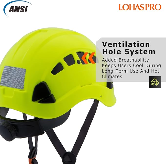 LOHASPRO Hard Hats Construction Safety Helmet ANSI Z89.1 Approved OSHA Hardhat Vented Men Worker Neon Green Hard Hat with Chin Strap Tree Climbing Rescue Arborist Helmet (P3 Lime)