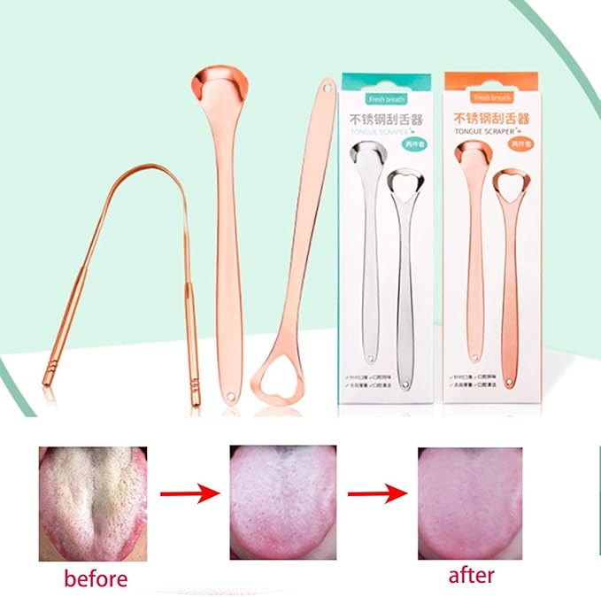 3 Packs Tongue Scraper Kit Stainless Steel Tongue Cleaner Tongue Brush for Reduce Bad Breath and Fresh Breath (Rose Gold)