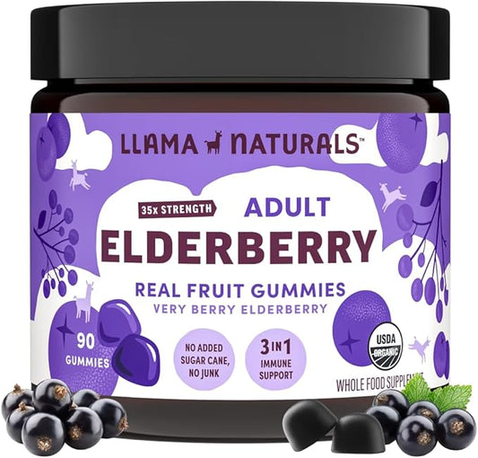 Llama Naturals Elderberry Gummies for Adults, Vegan, Organic Immune Support Supplement with Vitamin C and Zinc, Real Fruit Gummy Vitamins for Immunity, Chewable, No Added Sugar Cane, 90 Ct