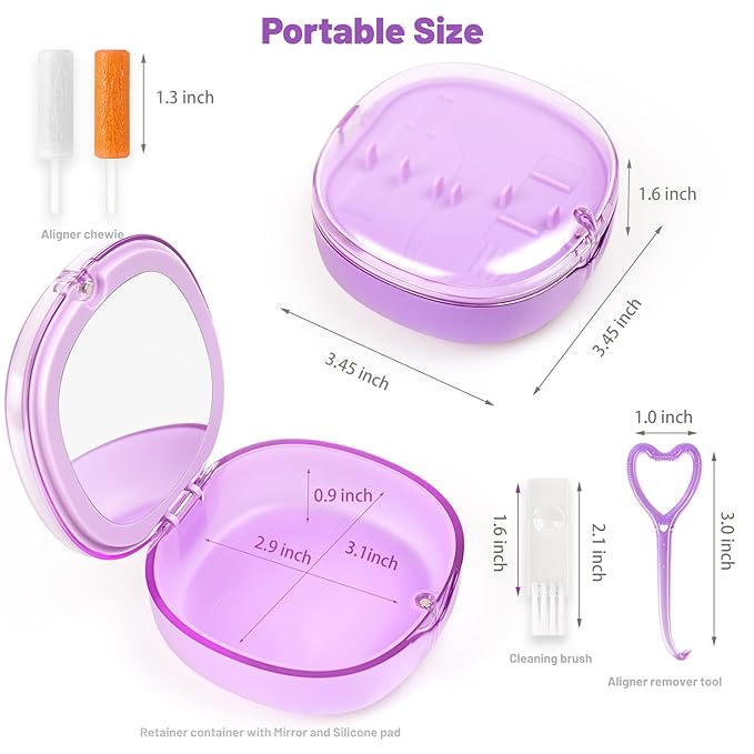 Double Layer Retainer Case Portable Aligner Case for Orthodontics Build In Mirror With Removal Tool, Chewies & Cleaning Brush, Travel Retainer Case Kit (purple)