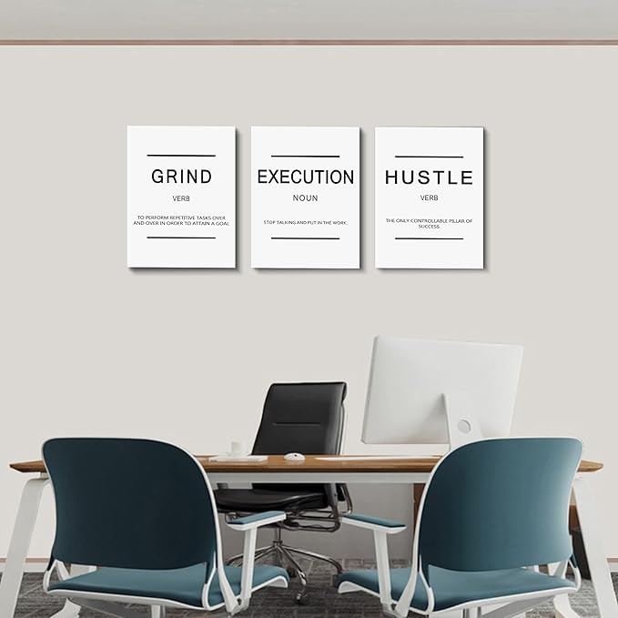 Inspirational Framed Canvas Wall Art - Grind Slogan, Success Quotes, Office Wall Art, Large Poster, Positive Motivational, Execute Poster (C-3pcs, 12x16in x3pcs)