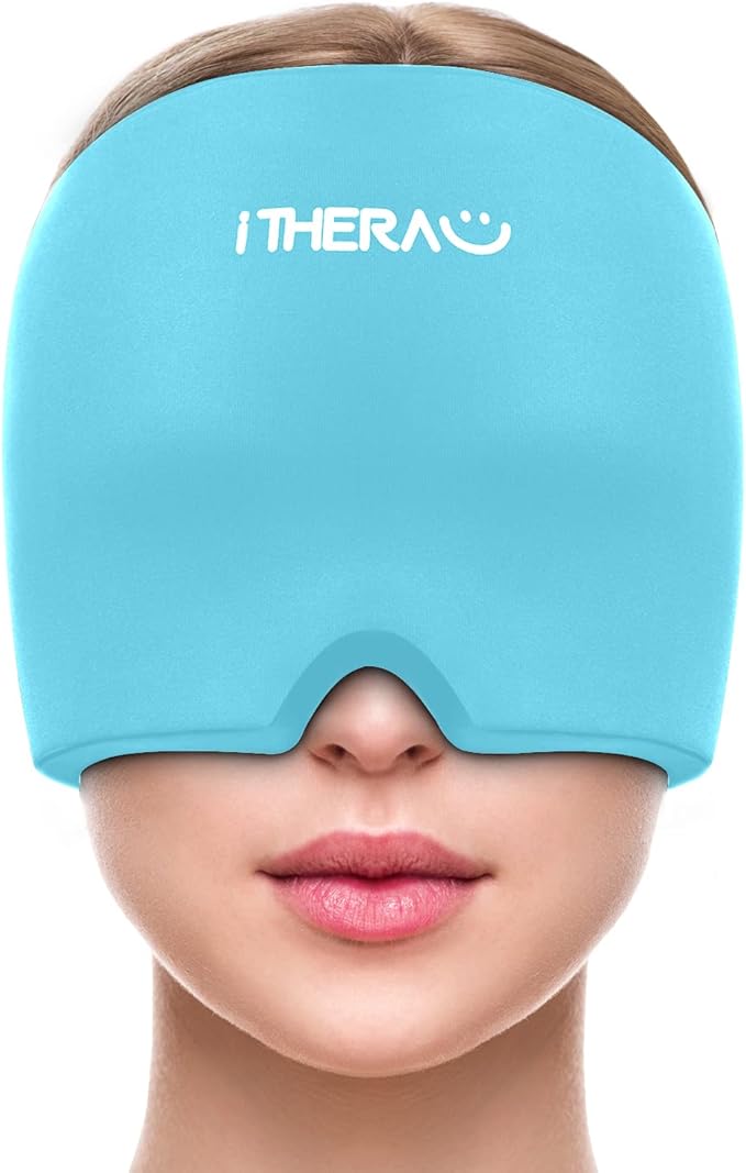 iTHERAU Migraine Relief Cap, Soothing Headache Hat, Gel Ice Pack Head Wrap with Hot and Cold Therapy, Headache Relief Cap for Sinus, Puffy Eyes, Tension and Stress Relief Blue