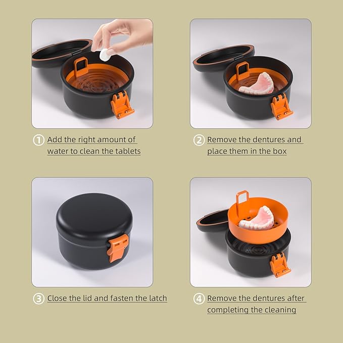 ARGOMAX Leak Proof Retainer Cleaner Case, Denture Cups for Soaking Dentures, Denture Travel Case (Black + Orange).