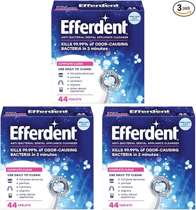 Efferdent Retainer & Denture Cleaner Tablets, Complete Clean, 44 Count, (Pack of 3)