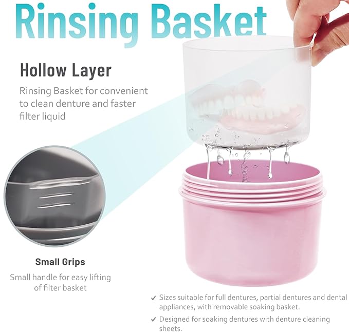 Denture Case with Denture Brush, Waterproof Denture Bath with Portable Denture Brush Holder,Partial Denture Case with Basket denture cups for soaking dentures (pink)