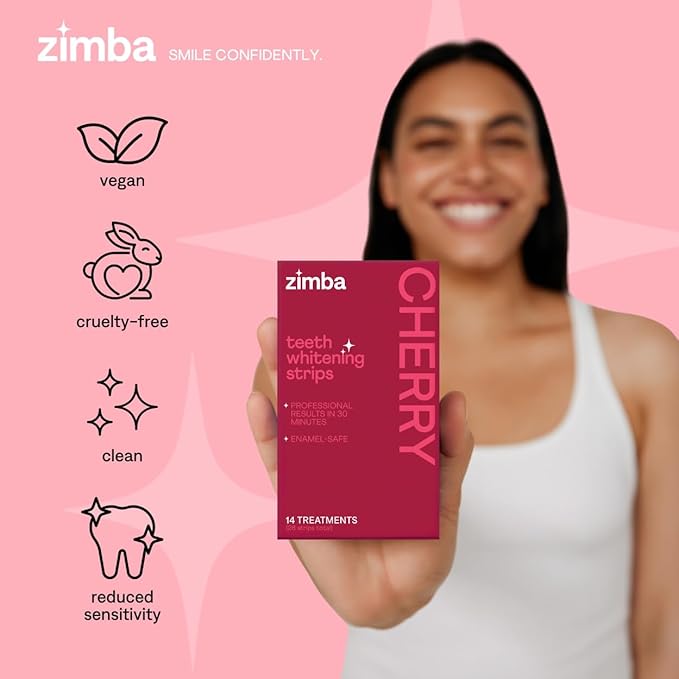 New Zimba Cherry Flavored Teeth Whitening Strips | Vegan, Enamel Safe Hydrogen Peroxide Teeth Whitener for Coffee, Wine, Tobacco, and Other Stains | 14 Day Treatment | Cherry