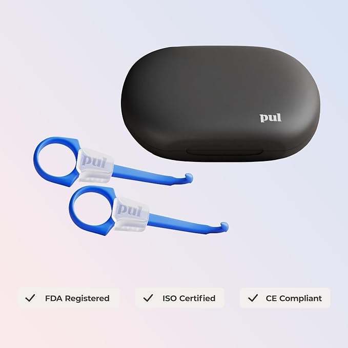 PUL Aligner Care Convenience Kit – Case + 2-in-1 Tool for Invisalign, Retainers, Partial Dentures, Mouth & Night Guards & More – Gray Case & 2-Pack of Blue Aligner Seating Chewie & Removal Tool