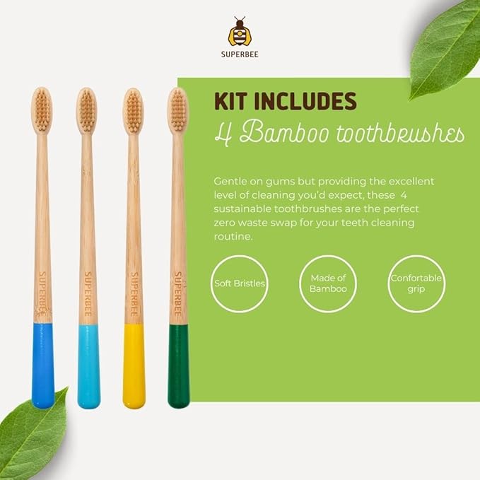 SuperBee Family kit with Dentos Toothpaste Tablets 300 tabs, Natural Floss, Soft Bristles Bamboo toothbrushes - Fluoride Free & Eco Friendly, Housewarming Gift Christmas Plastic Free