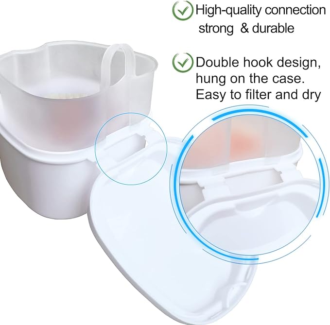 Denture Soaking Box Orthodontic Retainer Bath Case with Strainer Basket, False Teeth Container Dental Denture Bath Box Case Cup for Travel Cleaning - White
