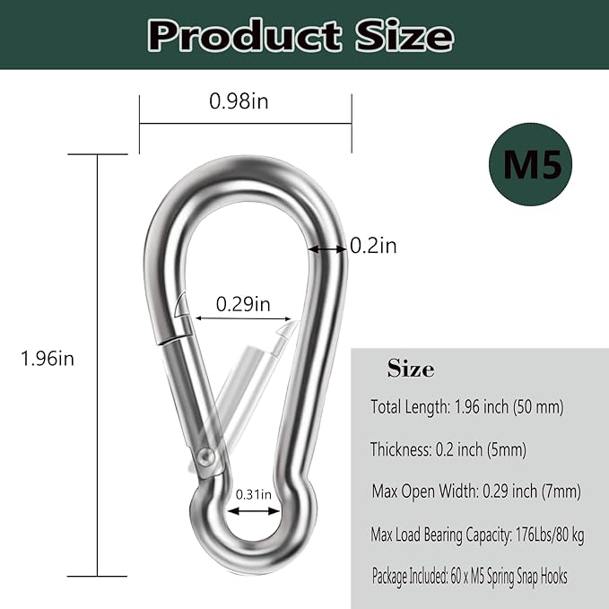 M5 Spring Snap Hook Carabiners, Carabiner Clip, Heavy Duty Galvanized Steel Spring Clip, Quick Link Key Chain for Swing Hammock Gym Outdoor, Holding Capacity