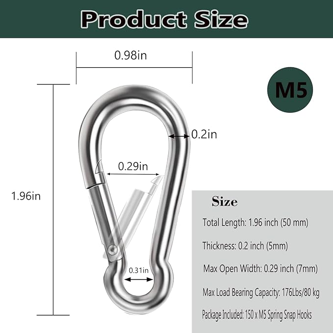 M5 Spring Snap Hook Carabiners, Carabiner Clip, Heavy Duty Galvanized Steel Spring Clip, Quick Link Key Chain for Swing Hammock Gym Outdoor, Holding Capacity