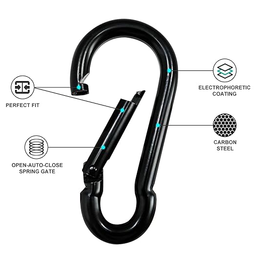 KINLINK 4 Pack Black Carabiner Clip, 4 inch Heavy Duty Spring Snap Hook, Caribeener Clips for Outdoor Camping, Swing Set, Hammock, Hiking Travel, Fishing, Weight Lifting Machine